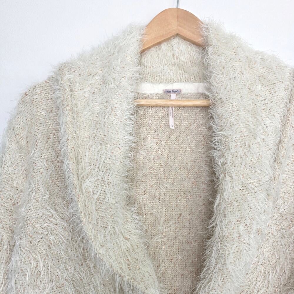 Free People Mina Fuzzy Sequin Tie Front Cardigan Cream Ivory Size Large - Picture 4 of 9